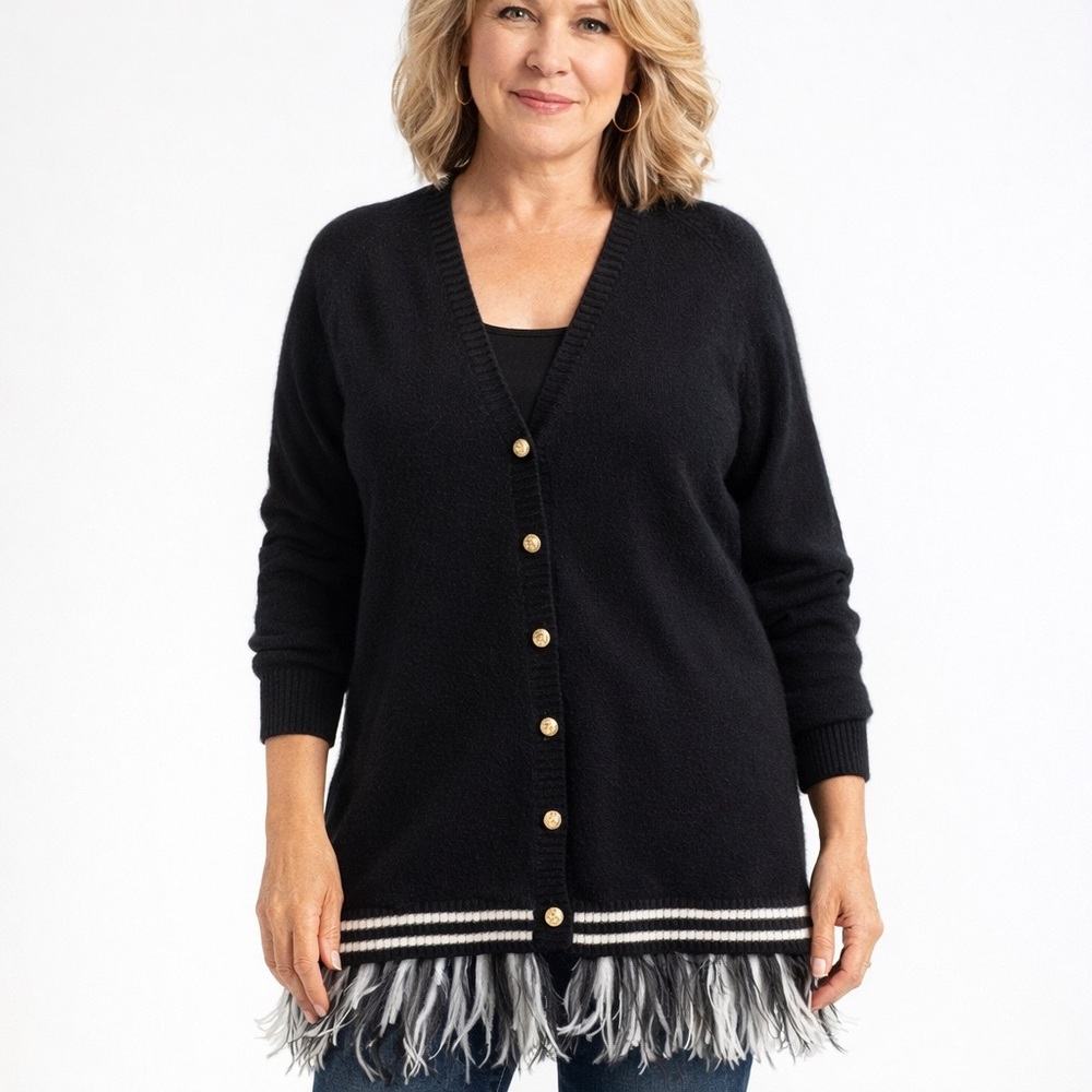 Roberto Cavalli Class Virgin Wool/Feather Trimmed Cardigan